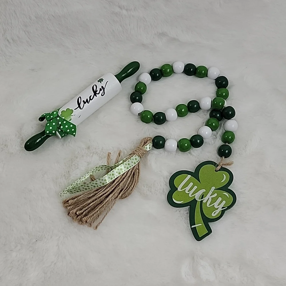 St Patricks Day Decorations Farmhouse Home Wood Bead Garland & Mini Rolling Pin